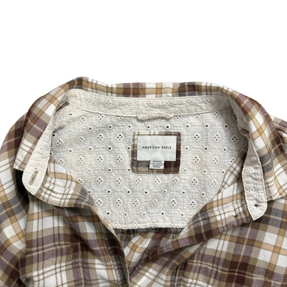 American Eagle Brown Cream Plaid Flannel Boho Button Down Shirt Eyelet Yoke XL - Picture 5 of 7